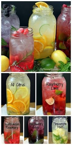 four different types of lemonade and raspberry punch are shown in mason jars