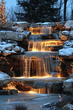 Illuminating Charm: Waterfall Lighting Ideas Revealed Waterfall Lighting, Water Feature Lighting, Garden Path Lighting, Waterfall Lights, Outdoor Waterfalls, Cascade Lights, Pond Ideas, Backyard Balcony, Creative Landscape