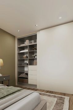 an empty bedroom with a bed, dresser and bookcase in the corner next to it