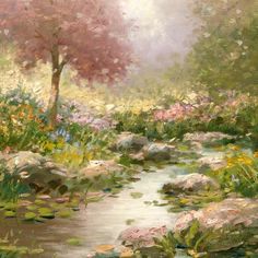 a painting of flowers and trees by a stream in the middle of a field with rocks