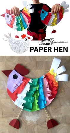 the paper hen is made out of construction paper and then glued to it's sides