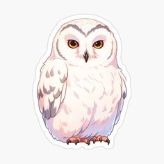 an owl with orange eyes sitting on top of a white surface stickers are in front of the camera