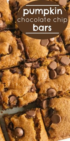 pumpkin chocolate chip bars stacked on top of each other with the words pumpkin chocolate chip bars above them