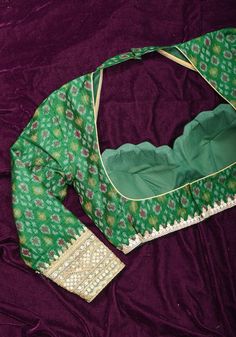 Buy Made to Order: Emerald Green Pure Raw Silk Ikkat Weave Blouse With Scallop Neck and Long Sleeve With Gotta Patti Detailing Online in India - Etsy Long Sleeve Blouse Designs, Green Blouse Designs, Blue Blouse Designs, Gotta Patti, New Blouse Designs, Saree Blouse Patterns