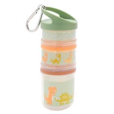 three plastic containers with keychains on top of each other, one has an animal design and the other has a dinosaur pattern