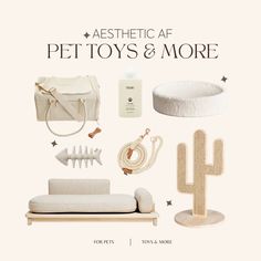 an ad for aesthetic af pet toys and more, with various items including a couch