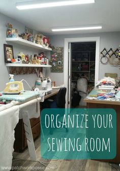 an organized sewing room with lots of crafting supplies on the desks and shelves