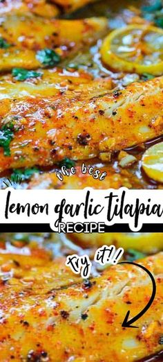 lemon garlic tilapia recipe is shown in two separate images, with the title below