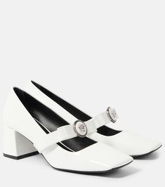 Gianni Ribbon 55 patent leather Mary Jane pumps in white - Versace | Mytheresa Luxury Miu Miu Open Heel Sandals, Heels Versace, Versace Pumps, Versace Heels, Versace Shoes, Mid Heels Pumps, White Pumps, Mary Jane Pumps, White Heels