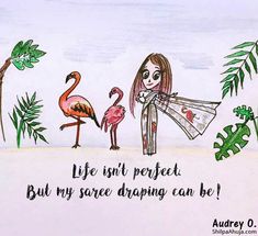 a drawing of two flamingos and a girl with an umbrella