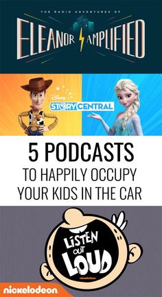 the five disney movies that are featured in this postcard, with text reading 5 podcasts to happily occupy your kids in the car