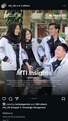 an ad for mti insights with three people in white and black outfits