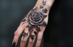 a woman's hand with a black rose tattoo on the middle of her palm