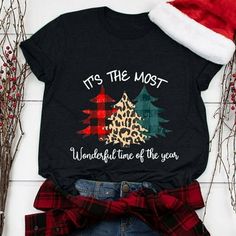 Welcome to our store   Great Christmas Shirt: Merry Christmas letters print, leopard plaid Christmas tree graphic print, v neck, short sleeve, must have for Christmas! Merry Christmas, happy holidays!  Not Cheap Looking: It is really cute and the fabric is soft and very stretchy. Cotton blend, super soft touch feeling, comfortable to wear. Hand wash, do not dry clean, not bleach.  Great Holiday Shirt: Perfect for wearing to Christmas get-togethers where it can get warm in a group of people. It i Christmas Shirts Women, Merry Christmas Letters, Leopard Graphic, Clothes Matching, Loose Clothes, Christmas Letters, Top Christmas Gifts, Christmas Tree Graphic, Plaid Christmas Tree