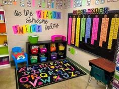 a classroom with lots of colorful writing on the wall