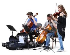 three people are playing musical instruments in front of a white background and one person is sitting on a chair