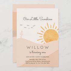 a pink and yellow baby shower card with the words, our little sunshine is turning one