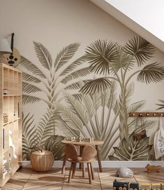 a child's room with palm tree wallpaper and wooden toys on the floor