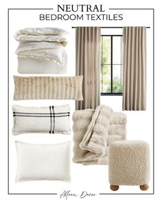 the neutral bedroom textiles are featured in this postcard for an article on how to use them