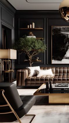 an elegant living room with black walls and leather sofas, art work on the wall