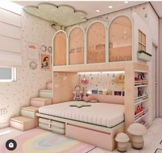 a child's bedroom with pink walls and flooring is decorated in pastel colors