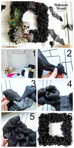 the instructions for how to make a halloween wreath out of mesh and fabric yarns