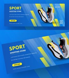 two banners with sneakers on them for sport shopping and sale, one is blue and the other is yellow