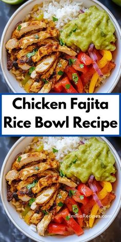 chicken fajita rice bowl recipe with guacamole and avocado