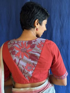 Red cotton kantha blouse  Handwoven cotton with kantha detailing Hand embroidered kantha Can be worn as a crop top with skirts and pants as well Pairs well with jewel tones  To view more similar blouses, pls click on https://aavaranaa.com/blouses/ Simple Pattern Blouse Designs, Crop Top Blouse Designs, Cotton Blouse Pattern, Ikat Blouse Designs, Chiffon Blouses Designs, Ikat Blouse, Simple Frock Design, Saree Blouse Neck Designs