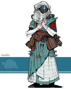 a drawing of a person dressed in costume and holding a bag with the words medic written on it