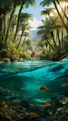 an underwater view of tropical trees and water