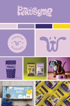 the logo and packaging design for pawsomee is shown in purple, yellow and blue