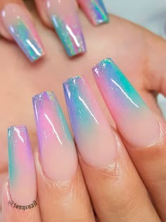 Unicorn Nails Designs, Unicorn Nail Art, Unicorn Nails, Cute Acrylic Nail Designs, Mermaid Nails, Unique Acrylic Nails, Acrylic Nails Coffin Short, Holographic Nails, Magical Unicorn