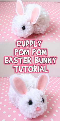 a close up of a stuffed animal on a pink surface with white polka dots and the words cuppy pom easter bunny