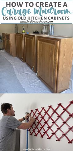 a man is painting the cabinets in his kitchen with red paint and tape on them