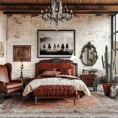 a bedroom with brick walls and an old fashioned bed in the middle is furnished with antique furniture