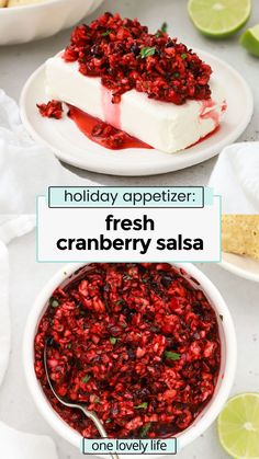 fresh cranberry salsa in a white bowl with limes on the side