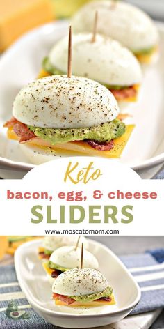 two plates with sandwiches on them and the words keto bacon, egg & cheese sliders