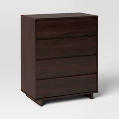 a dark brown dresser with three drawers on one side and an open drawer on the other