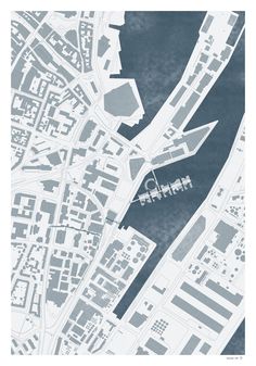 an airplane is flying over the water in this blue and white map, as well as buildings