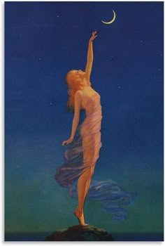 a painting of a woman reaching for the moon