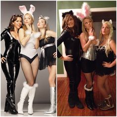 four photos of women dressed up in bunny costumes and posing for the camera, from left to right