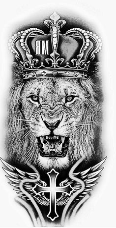 a black and white drawing of a lion with a crown on it's head