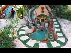 this is an aerial view of a house with a pool in the middle and people on it