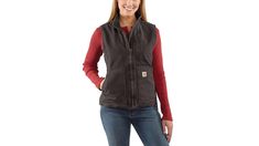 This Carhartt 104224-DKB Women's Washed Duck Sherpa Lined Vest helps take the bite out of cold weather. Legendary Carhartt durability holds up to work, farm, and ranch wear, while a soft sherpa fleece lining offers everyday comfort. Multiple pockets give this sherpa lined vest plenty of storage options. 12-ounce, 100% cotton sandstone duck Sherpa lining for warmth Zipper closure gives this sherpa lined vest a secure fit Carhartt-strong, triple-stitched main seams Washed duck sherpa lined vest with a droptail hem for added coverage Zip map pocket, two lower-front pockets and two inner pockets Back length: 25 in. Machine wash warm separately, do not bleach, tumble dry low, do not iron ornamentation, steam iron shell only. | Carhartt Women's Washed Duck Sherpa Lined Vest Large 104224-DKB Dark Carhartt Womens, Ranch Wear, Hold Ups, Sherpa Lined, Cold Weather, Dark Brown, Jackets For Women, Clothes For Women, How To Wear