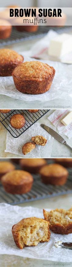 there are two pictures of muffins on the baking rack and one is half eaten