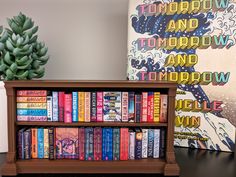 a bookshelf filled with lots of books on top of a wooden table next to a potted plant