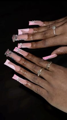 Nails With Zodiac Charms, Pink Dramatic Nails, Cute Nails With Diamonds, Long Freestyle Nails, Nail Sets Ideas, Xl Nail Ideas, Medium Junk Nails, Valentines Outfits Black Women, Medium Freestyle Nails