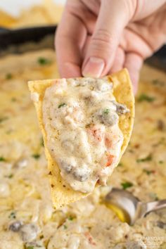 a hand holding a tortilla chip over a skillet filled with dip and vegetables