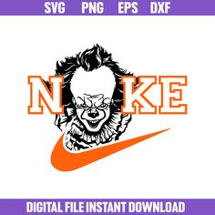 the nike logo with an evil clown face on it and orange letters that read n k e